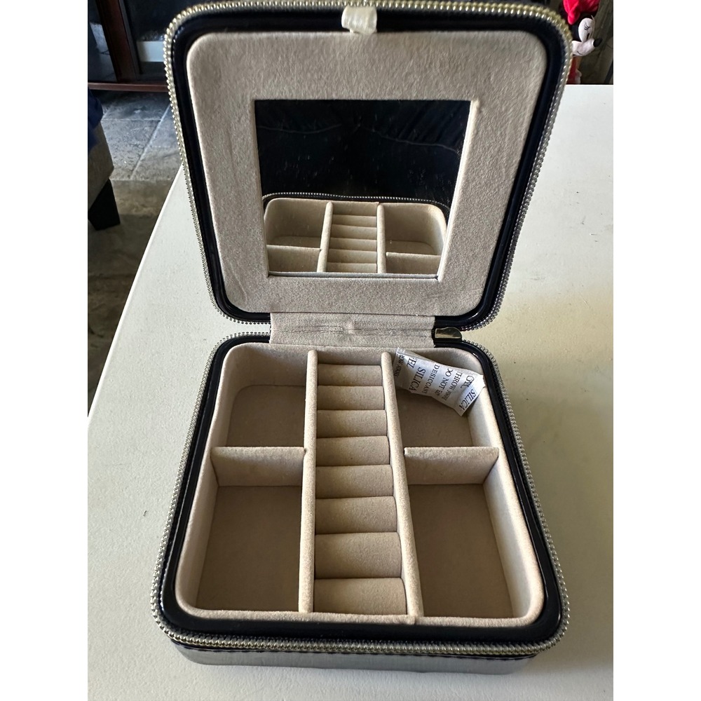 Navy Blue Patent Leather Jewelry Travel Organizer Box Mirror Zipper Compartments